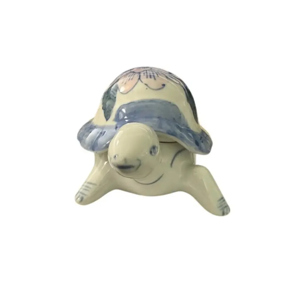 Vintage Ceramic Turtle Trinket Jewelery Box Lidded Pink Blue Flower 6